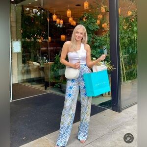 Zara White & Blue Patterned Wide-Leg Trousers